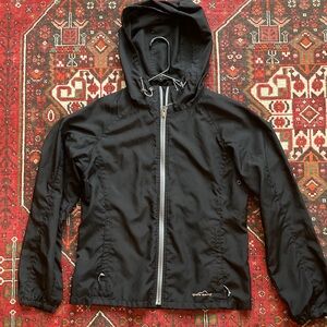 Women’s Eddie Bauer Sport Black XS Hooded wind rain Jacket with Silver Zipper